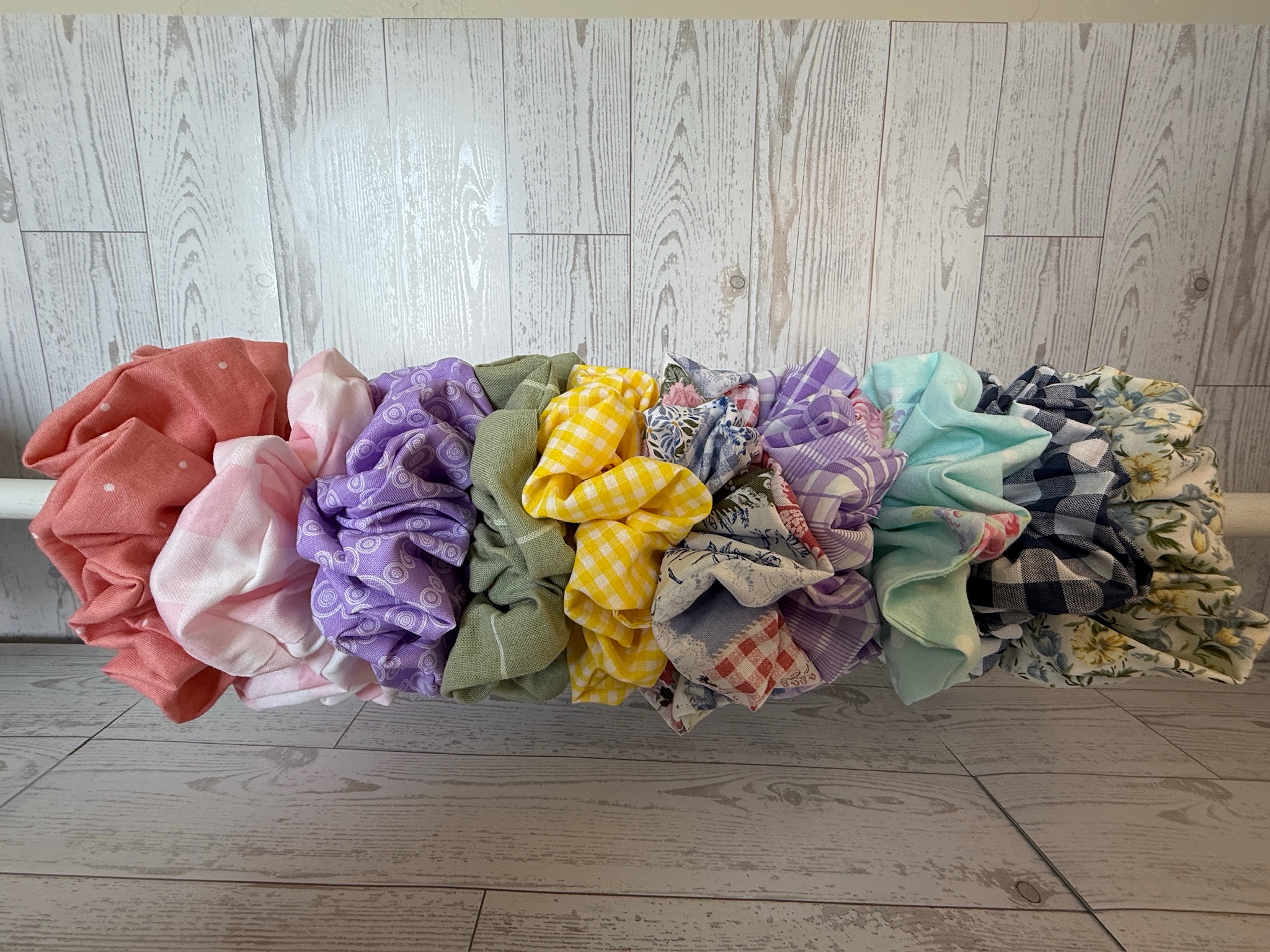 Handmade cotton scrunchies in coral, blush, lavender and navy buffalo check prints